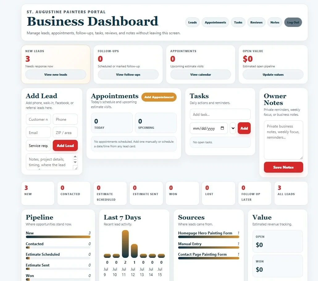 Private handyman business lead dashboard